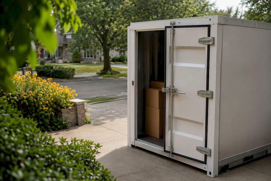Portable moving storage container at home driveway