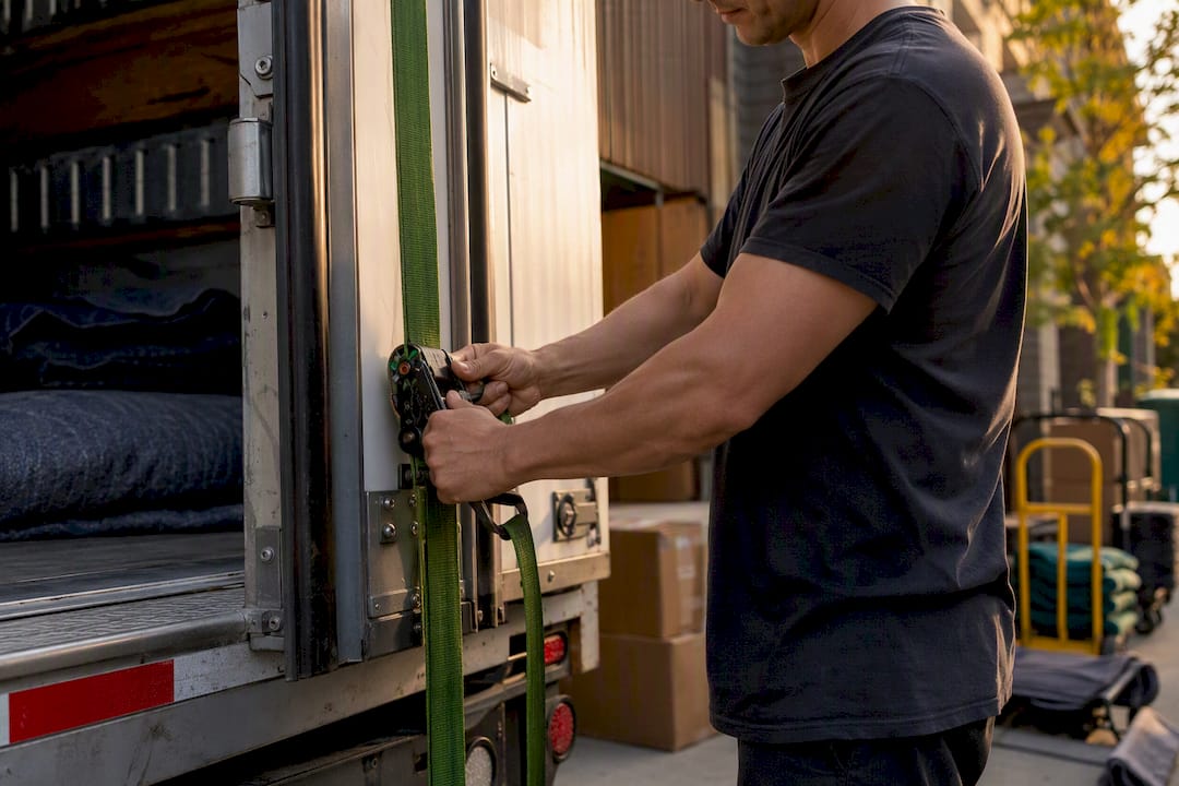 Mover securing cargo straps on truck at dock