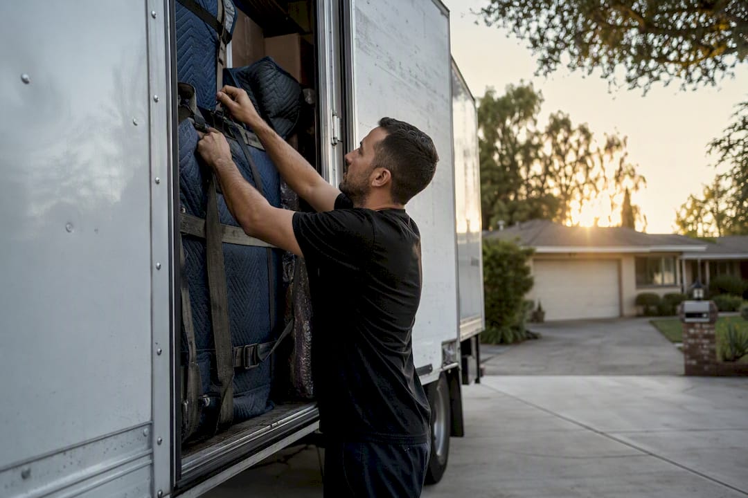 Packed moving truck securing cargo straps