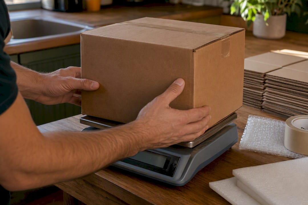 Mover weighing a box indoors