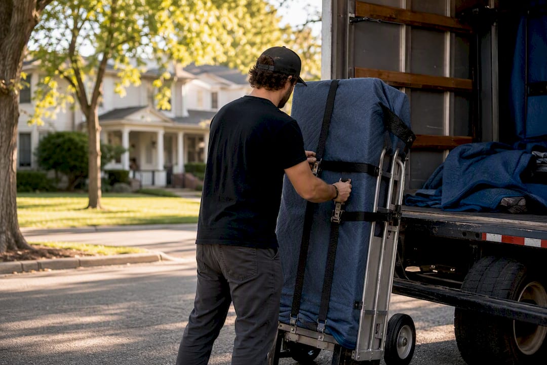 Mover securing dolly straps outdoors