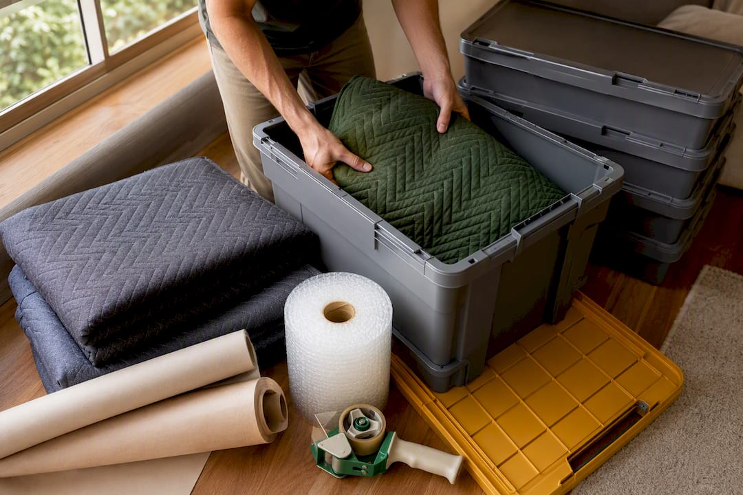 Reusable bins and moving packing supplies