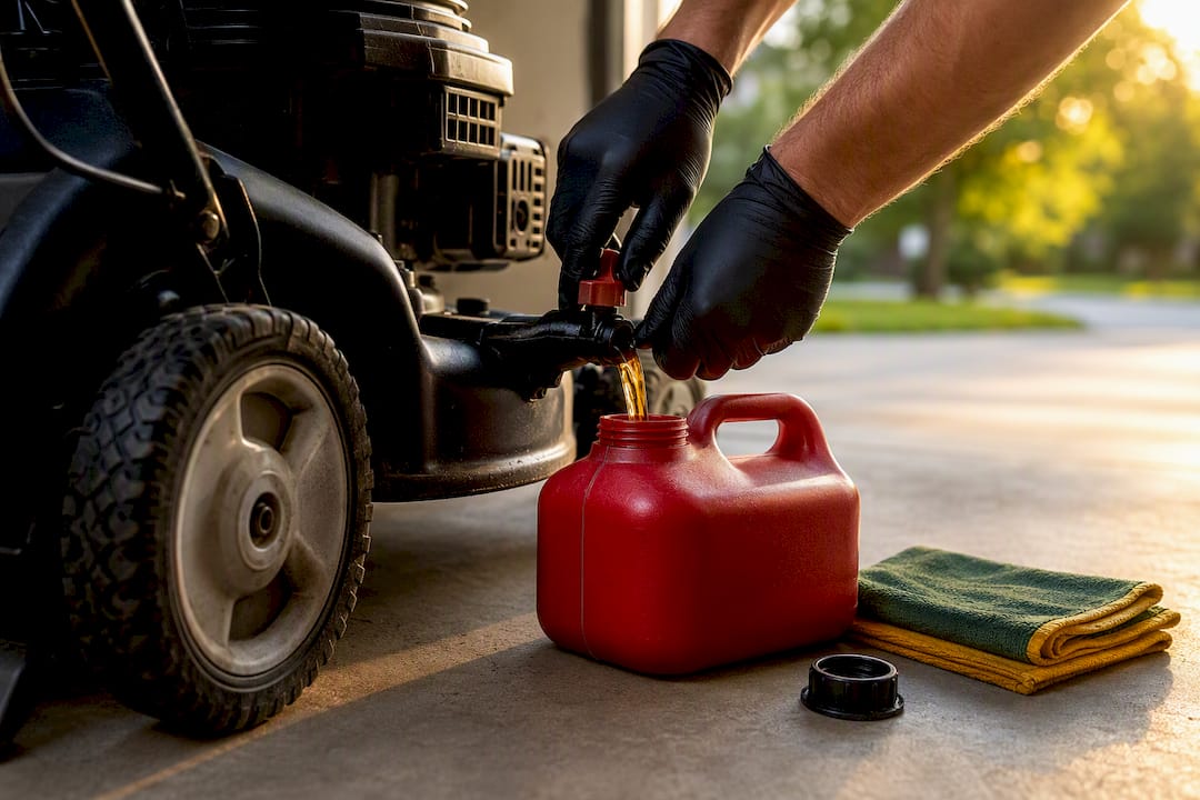 Fuel being drained from lawnmower before moving