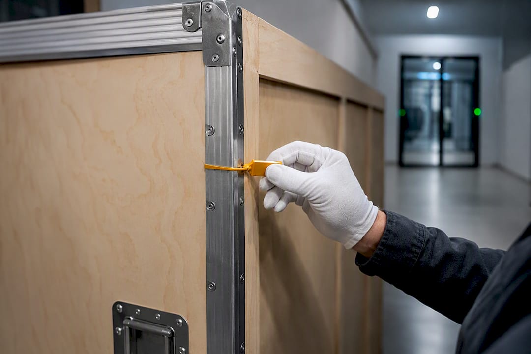 Specialist checking sealed art transport crate