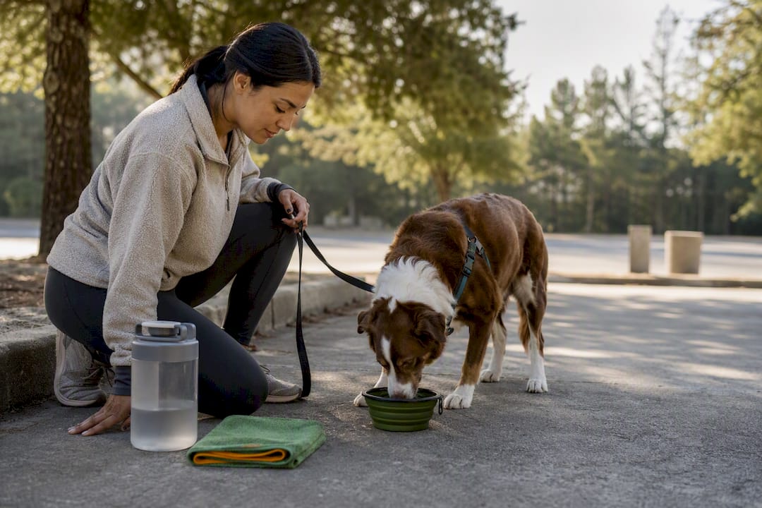 Dog drinking water during a travel stop