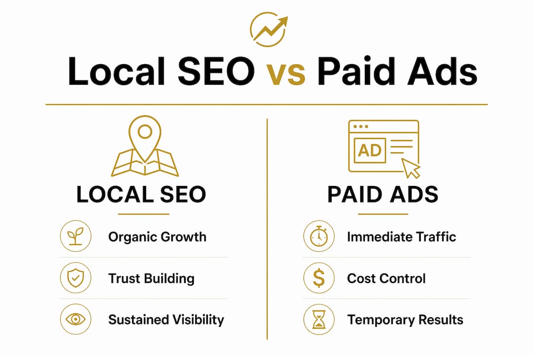 Infographic comparing local SEO and paid ads