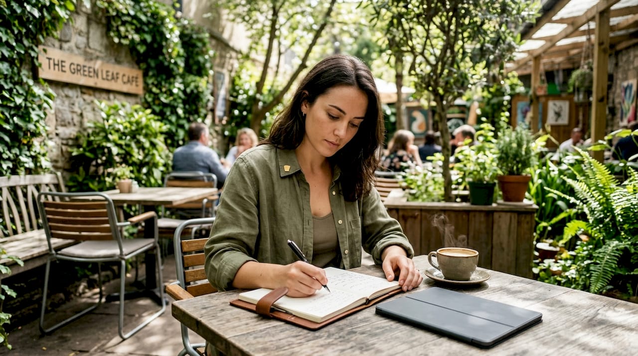 Woman writing business description notes