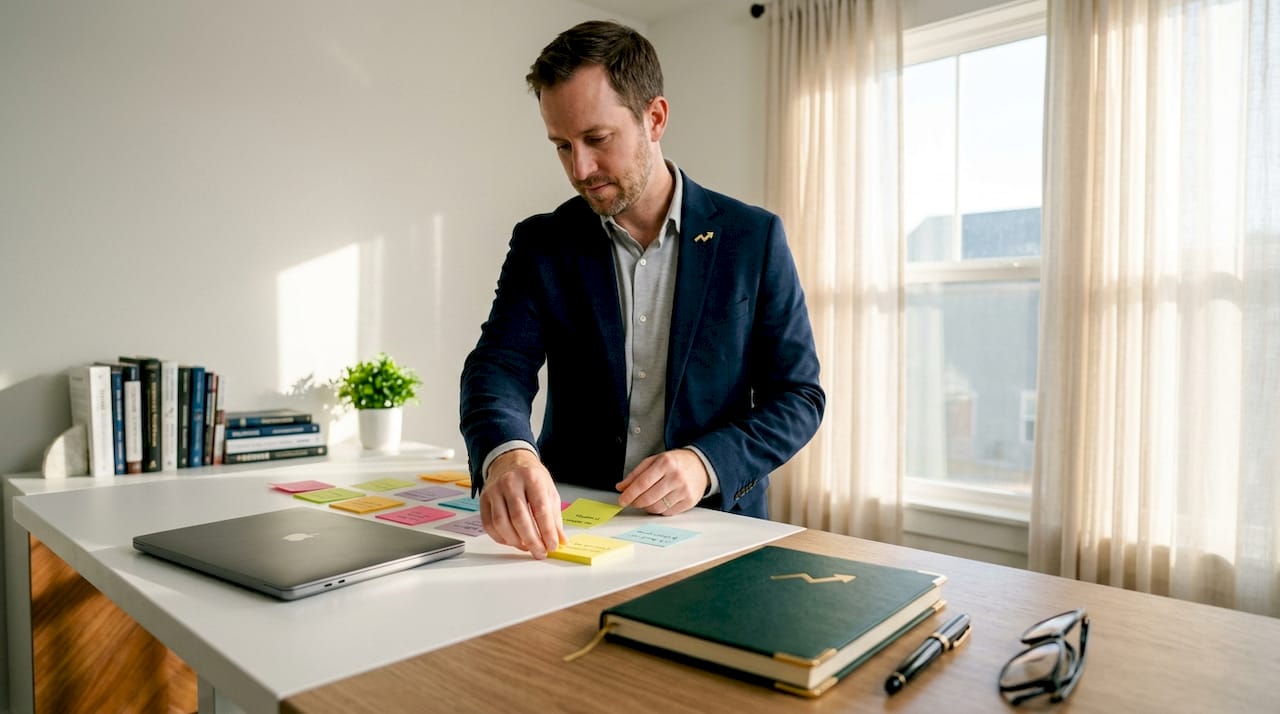 Entrepreneur arranging marketing budget sticky notes