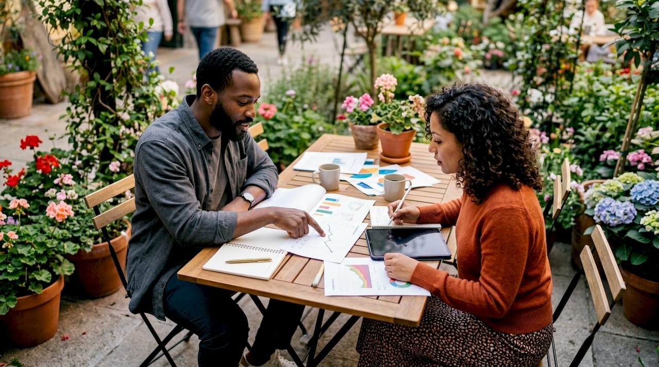 Two marketers discussing SEM campaign reports