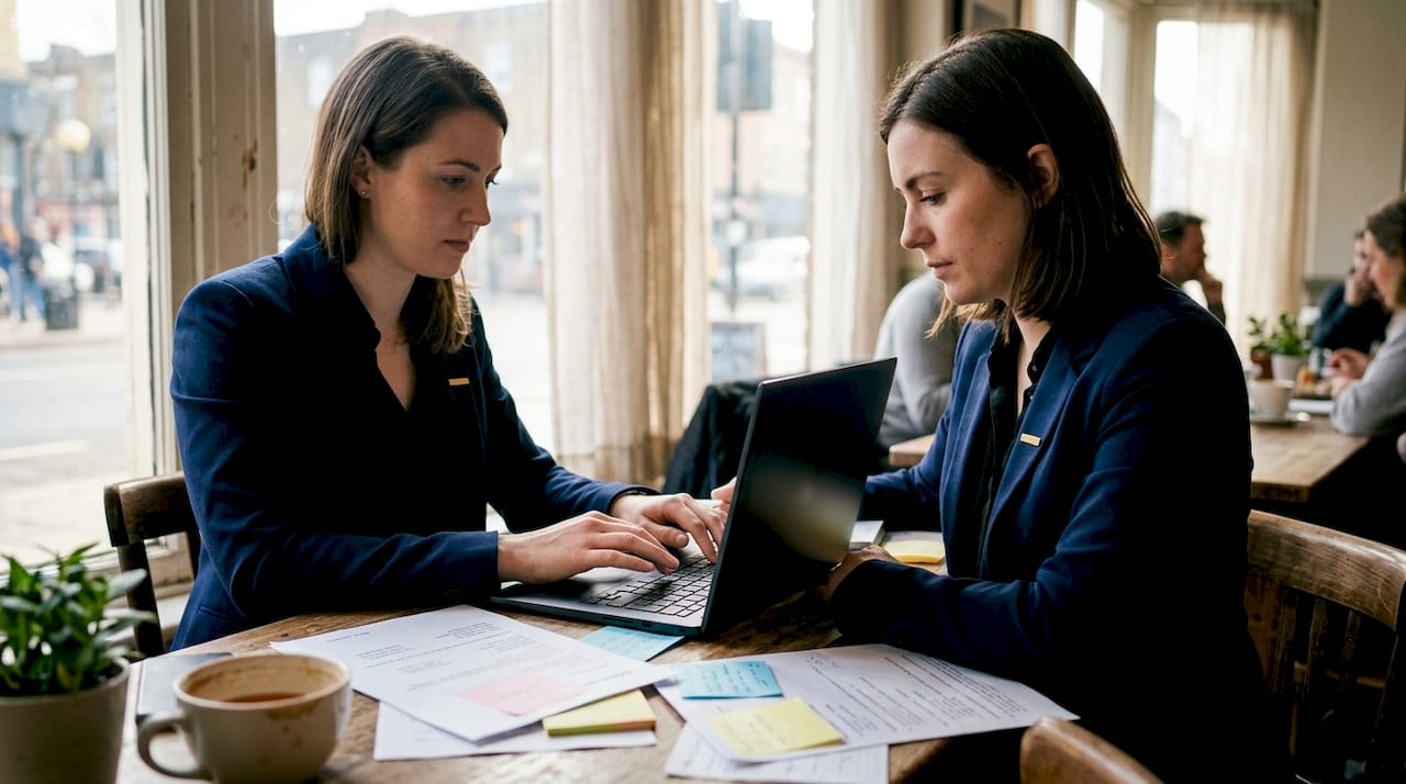 Hands checking business data consistency on laptop