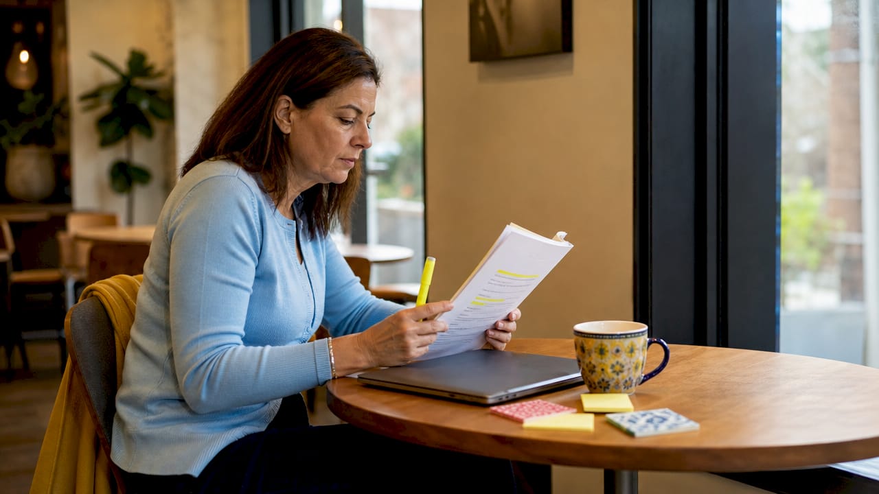 Woman highlighting SEO keywords guide at desk