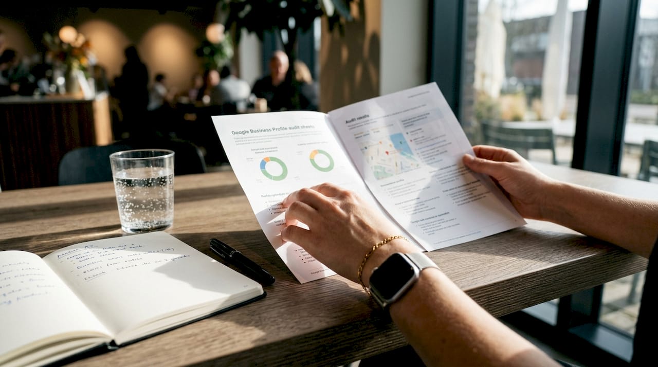 Close-up of audit sheets and coffee cup on wooden table