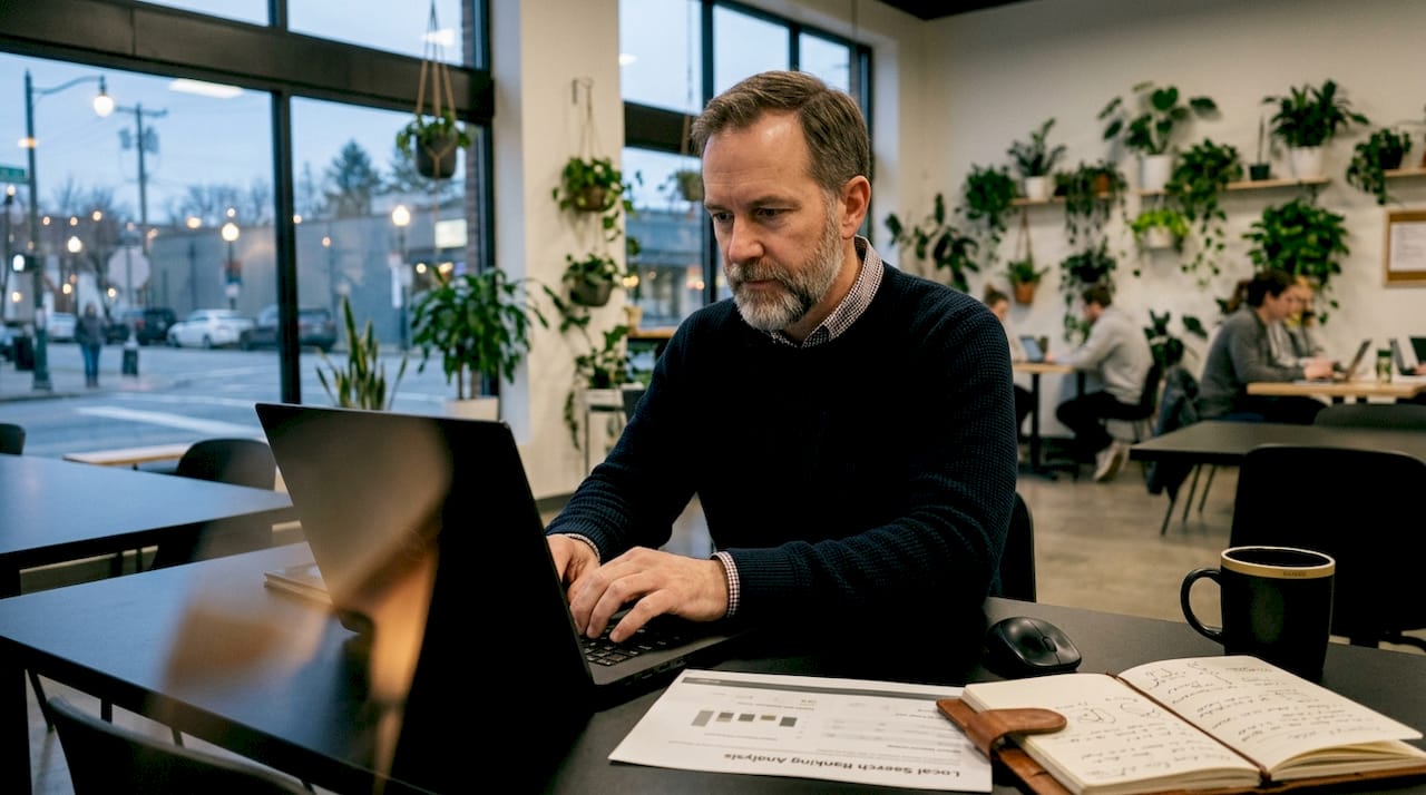 Man analyzing local search ranking factors on laptop
