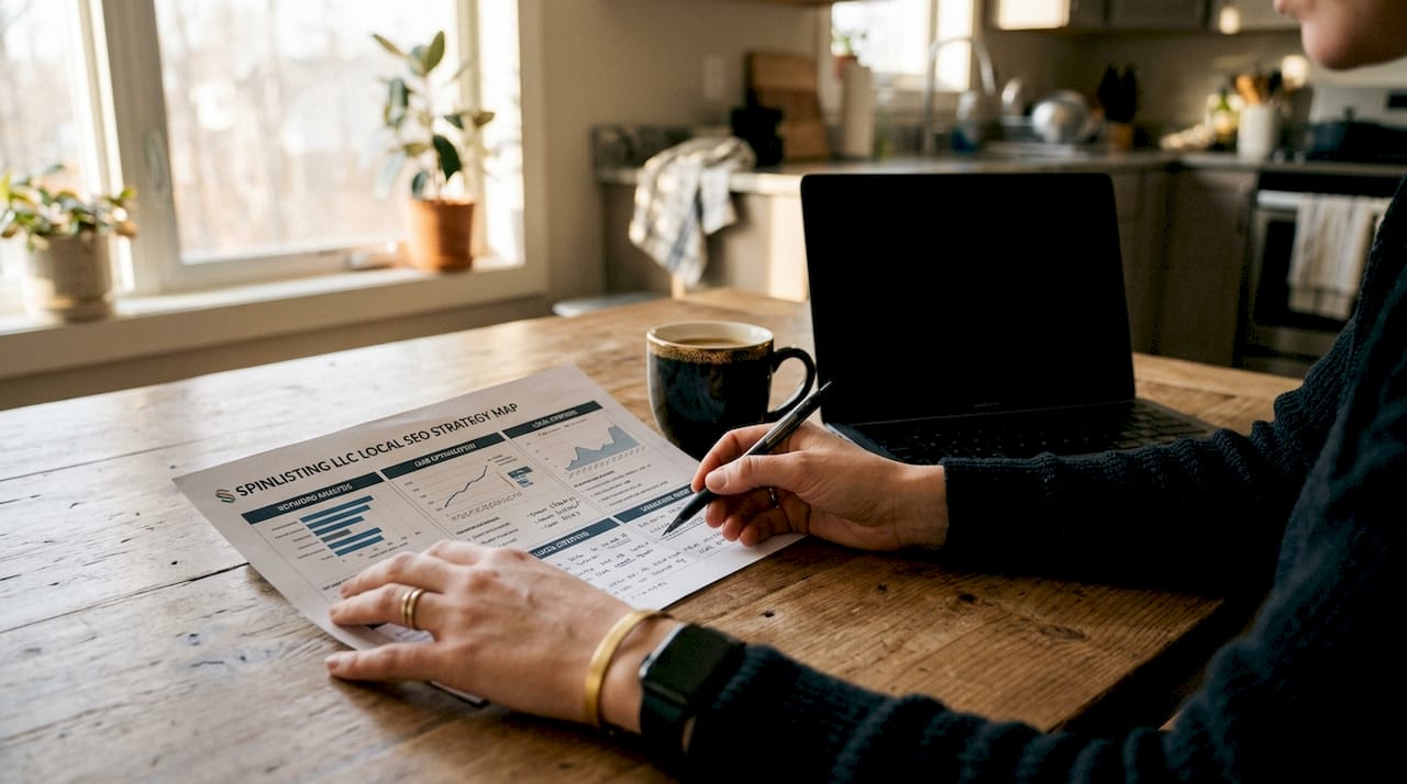 Close-up hands working on local SEO documents
