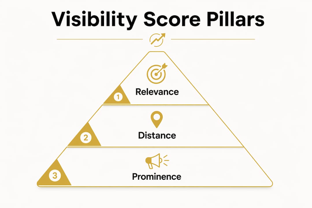 Infographic illustrating local visibility score pillars