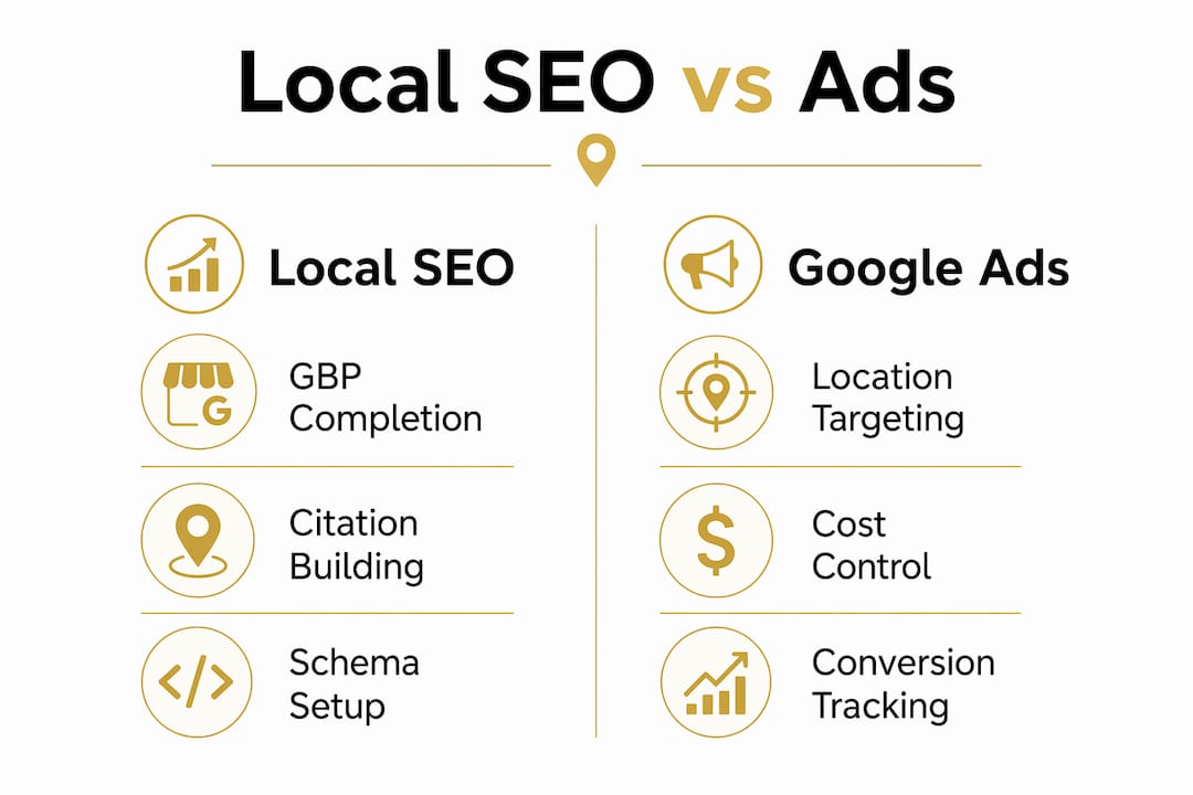 Infographic comparing local SEO and Google Ads tactics