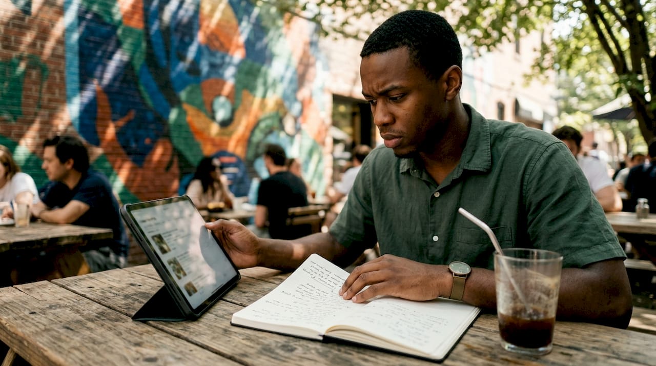 Man reviewing business info on tablet in café