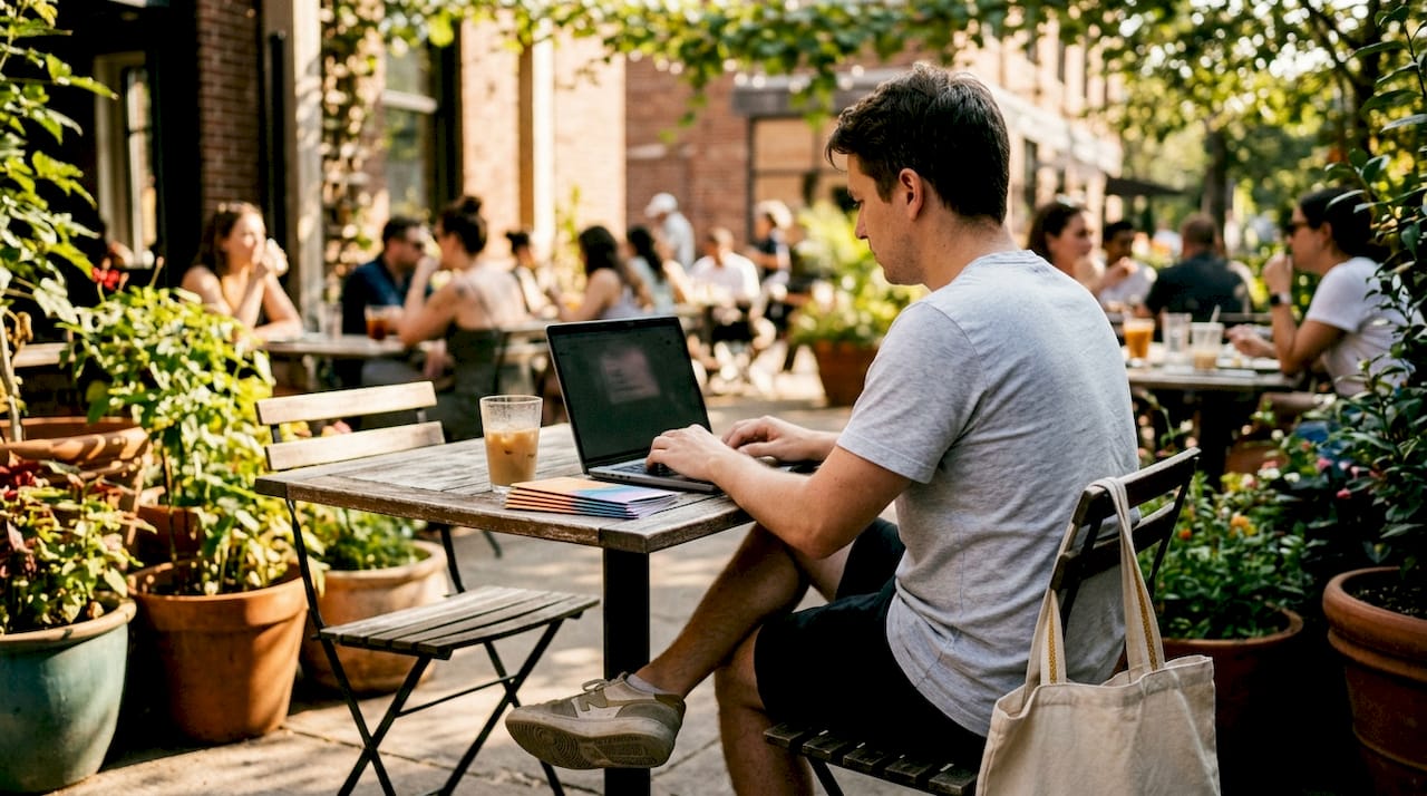 Hands typing local business contact info