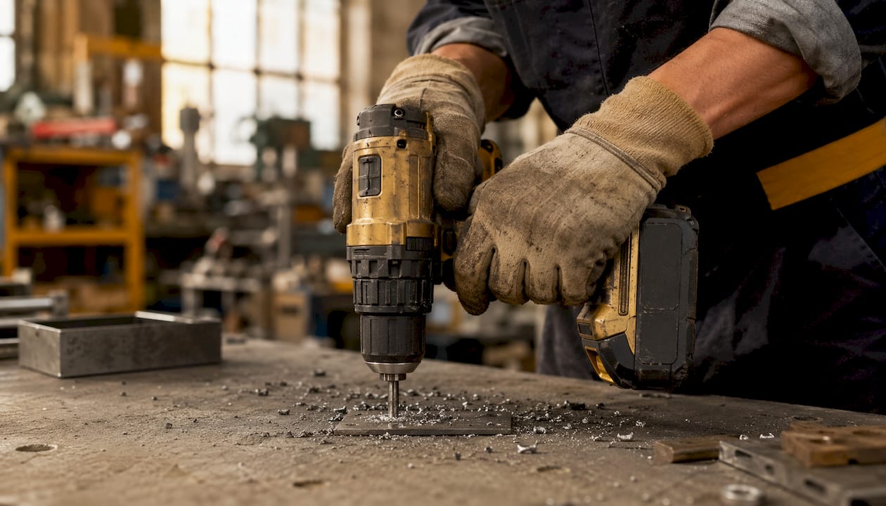 Close-up of hands holding cordless drill outdoors
