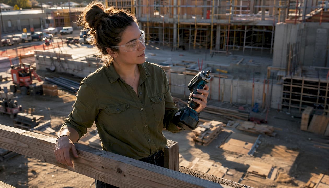 Female pro evaluating ergonomic Makita tool outdoors