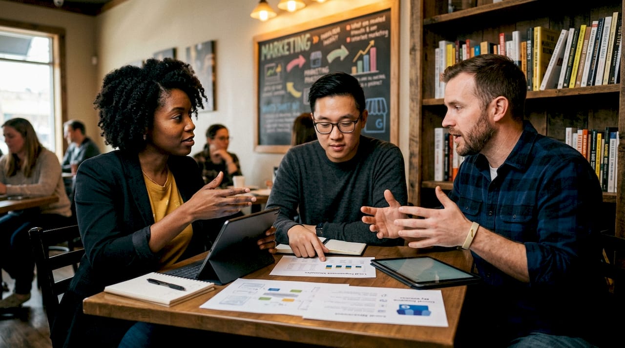 Marketing team discussing local strategy in conference room