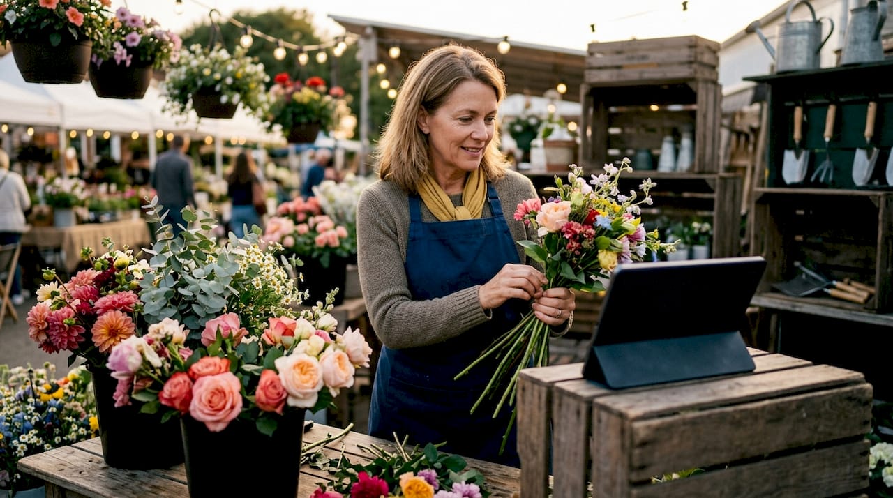 Florist preparing Google Business post on tablet