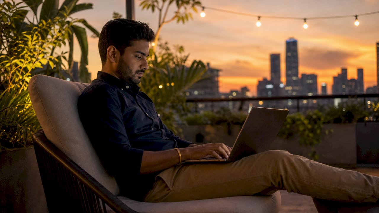 Man working on laptop in coworking space