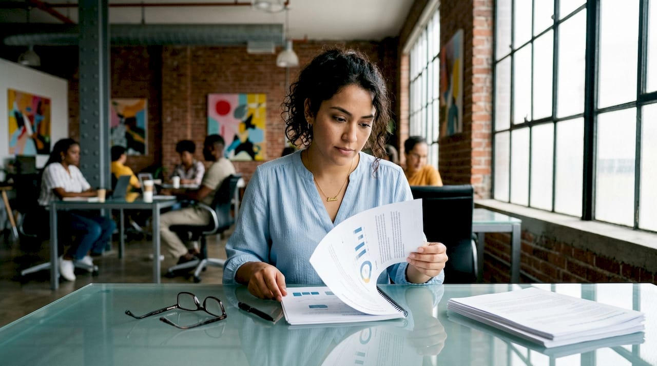 Hands examining printed report on desk