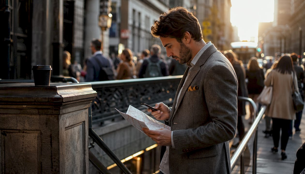 Commuter holding smartphone outdoors