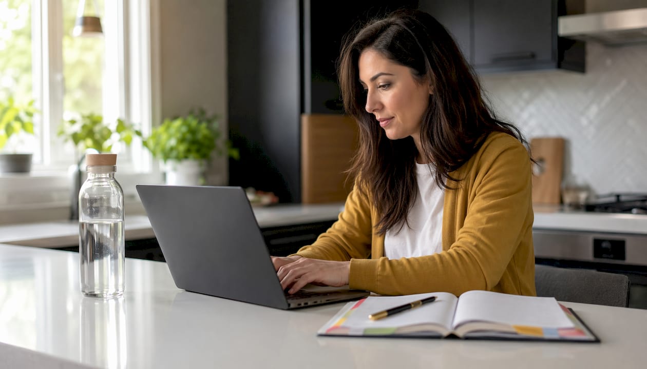 Professional responding to online reviews at coworking desk