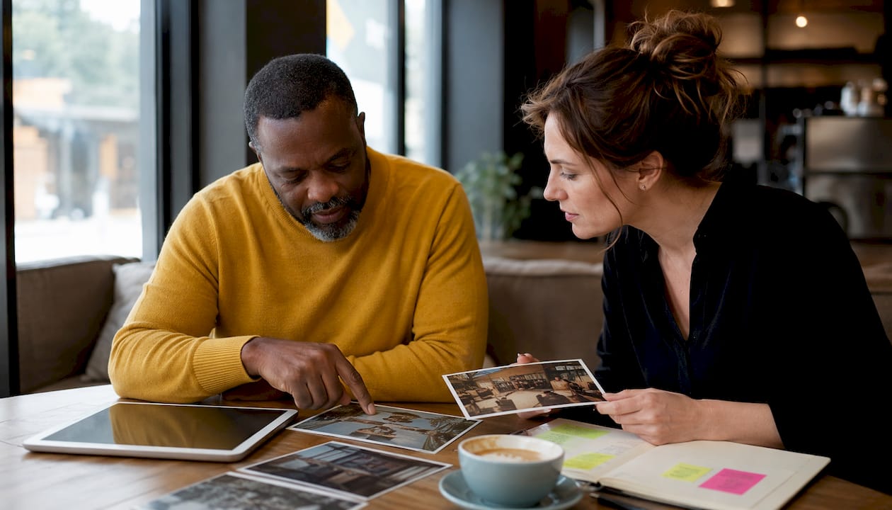 Two businesspeople reviewing photos to improve engagement