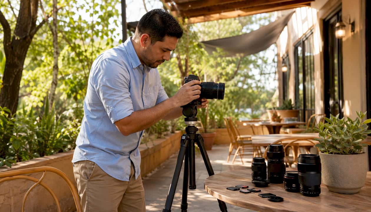 Hands adjusting camera equipment in photo studio