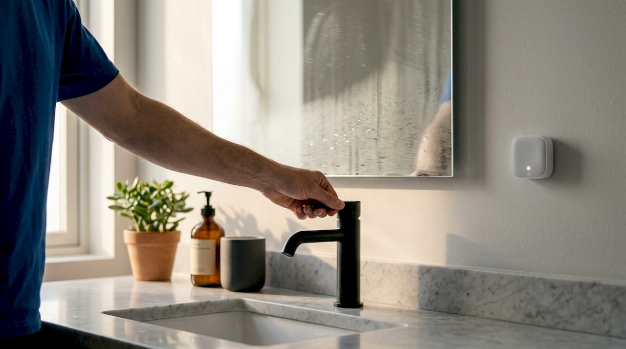 Eine Hand steuert die intelligente Armatur im Badezimmer.