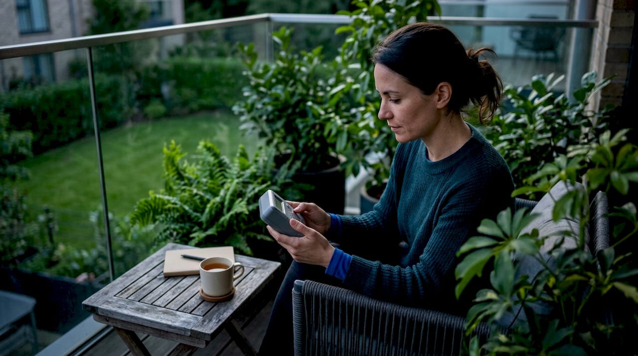 Eine Frau überprüft den Smart Meter im Wohnzimmer.