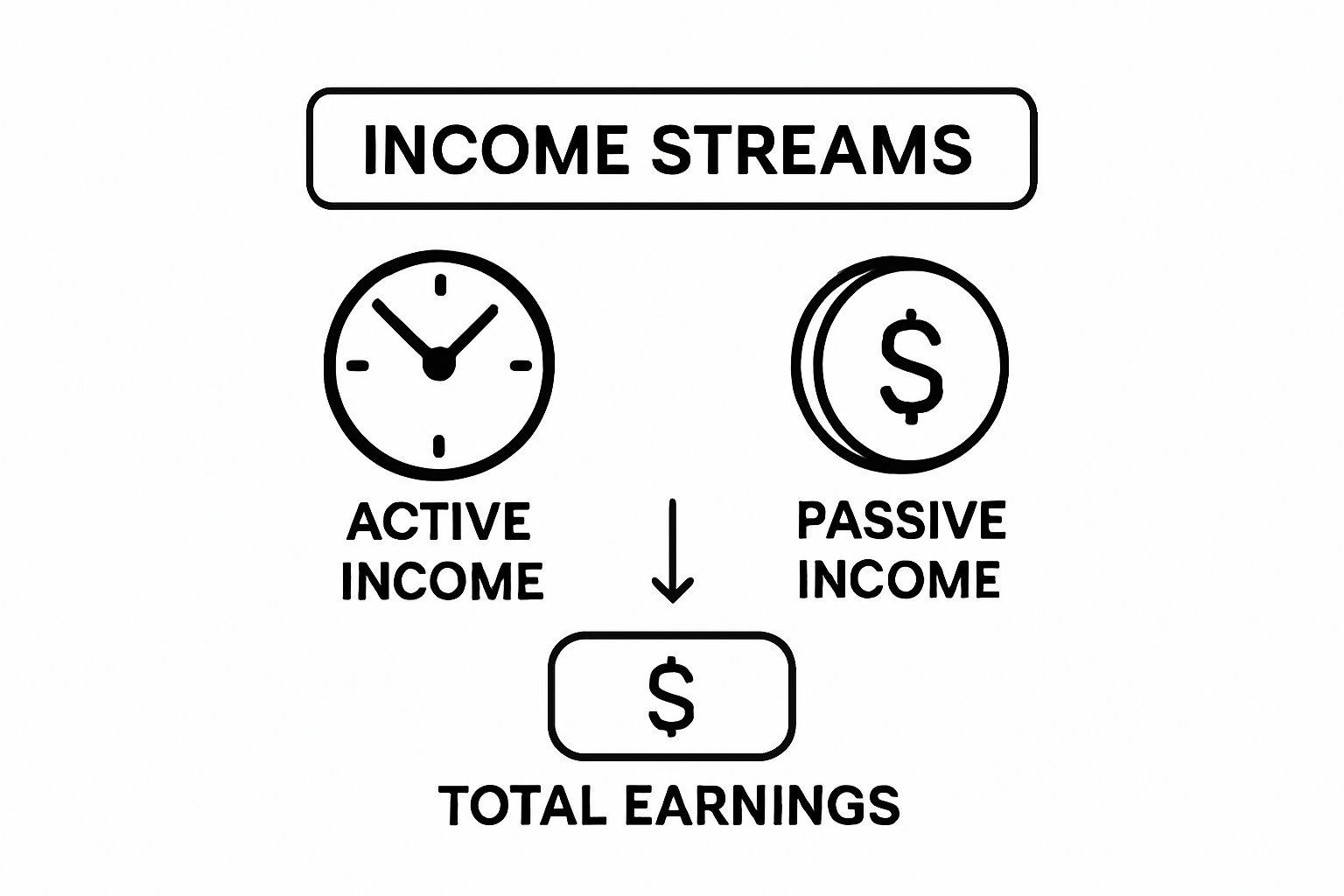 Infographic showing the difference between active and passive income streams converging to total earnings