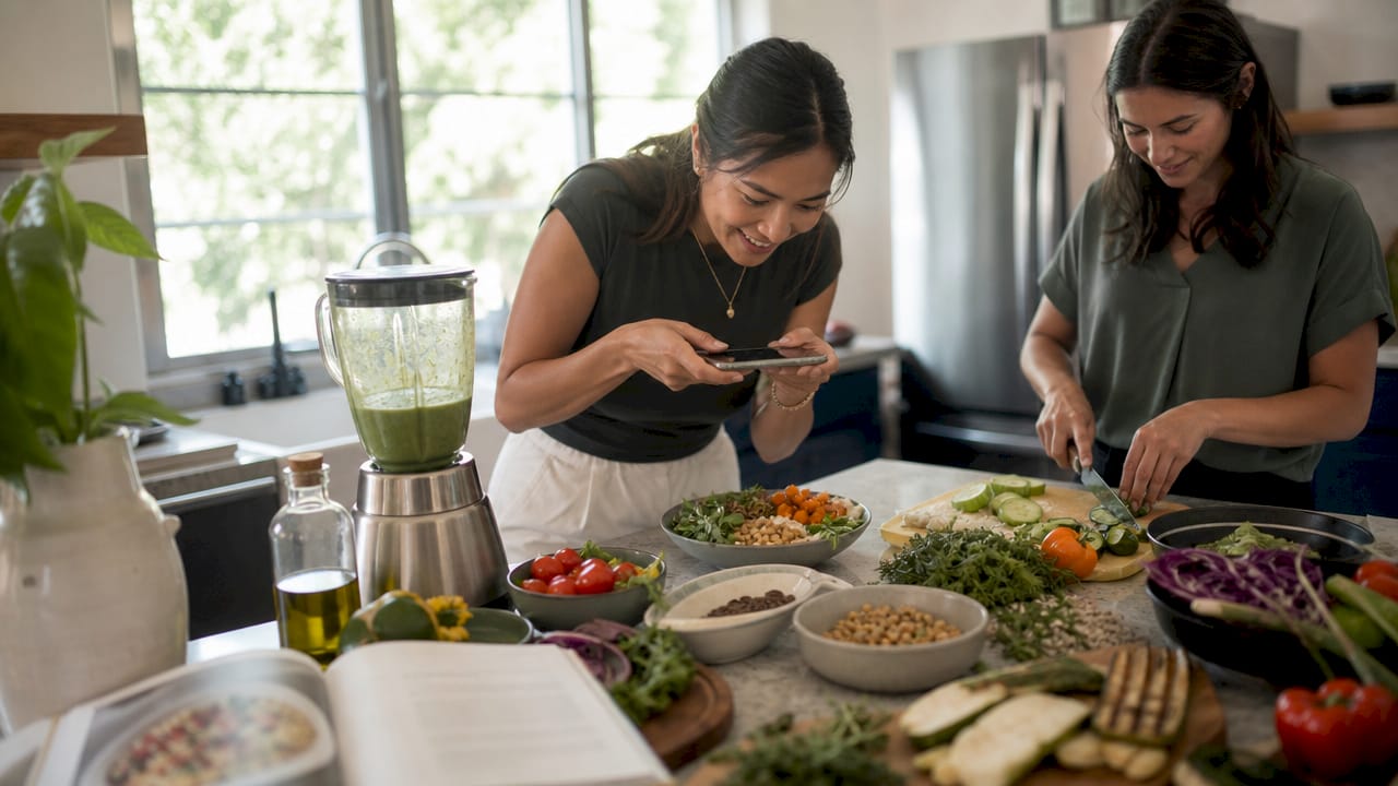 Hands capturing meal photo for AI food logging on smartphone