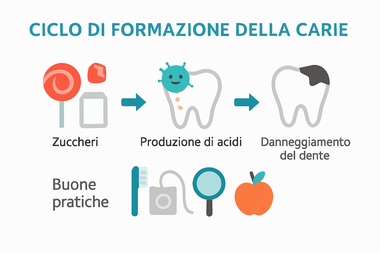 Infografica ciclo formazione e prevenzione carie dentale