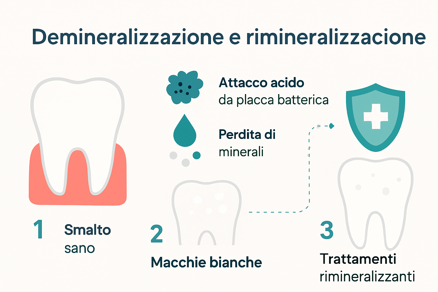 Infografica sul processo di demineralizzazione dello smalto dentale