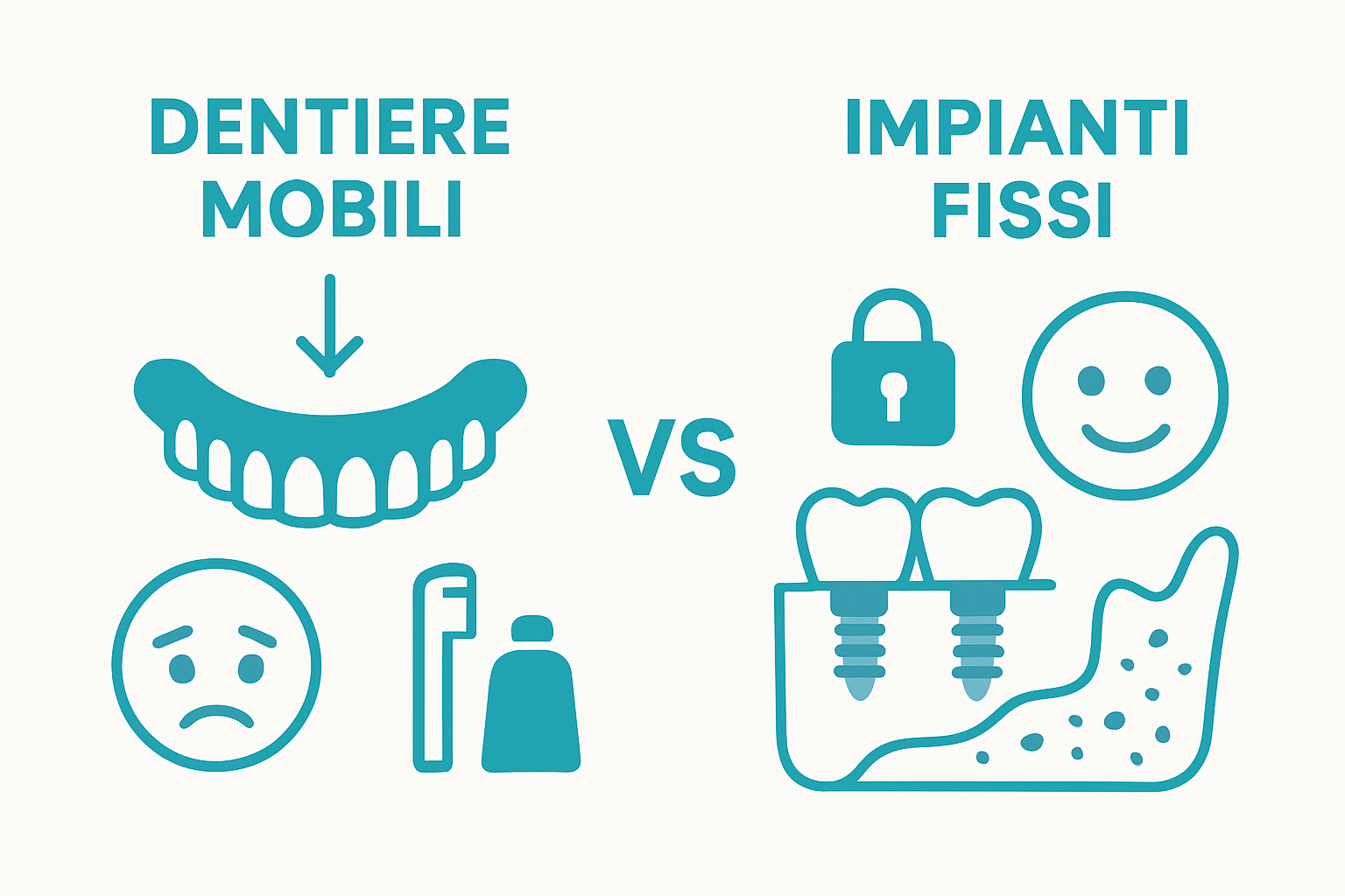 Confronto visivo tra protesi mobili e soluzioni fisse per bocca completa