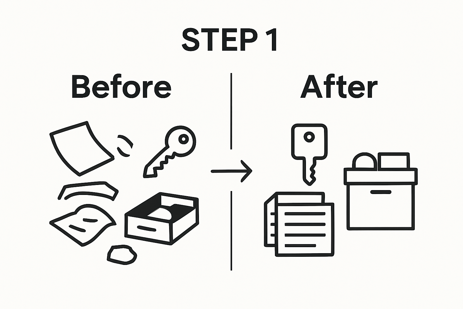 Simple before-and-after of cluttered vs. organized home area