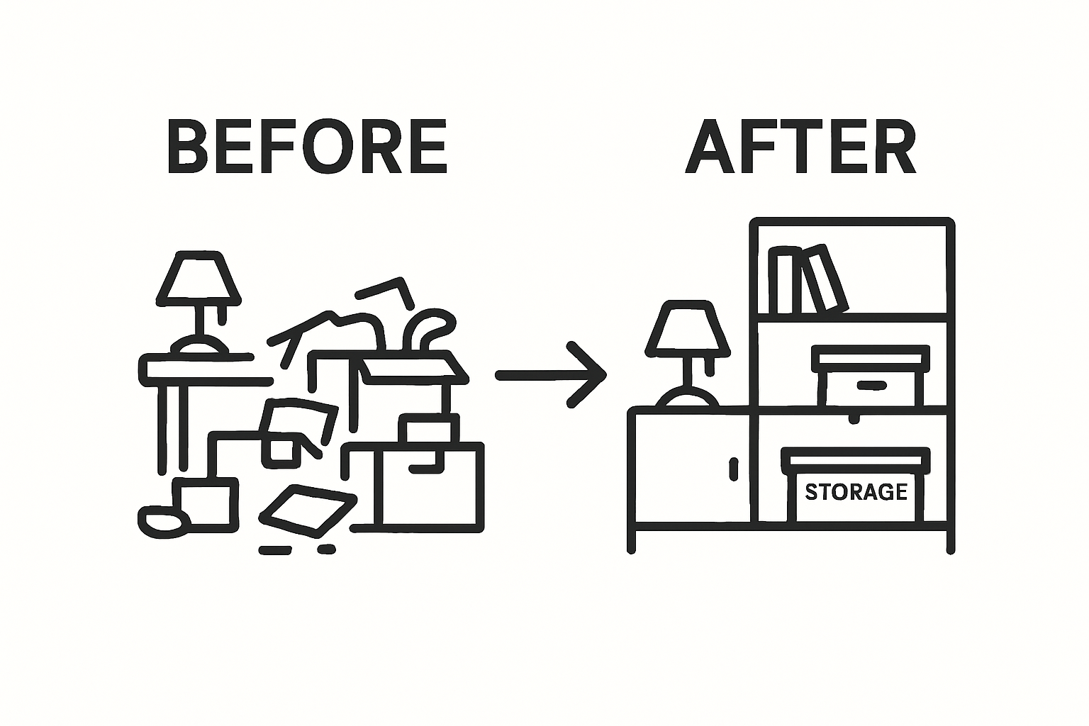 Cluttered room before and organized room after infographic