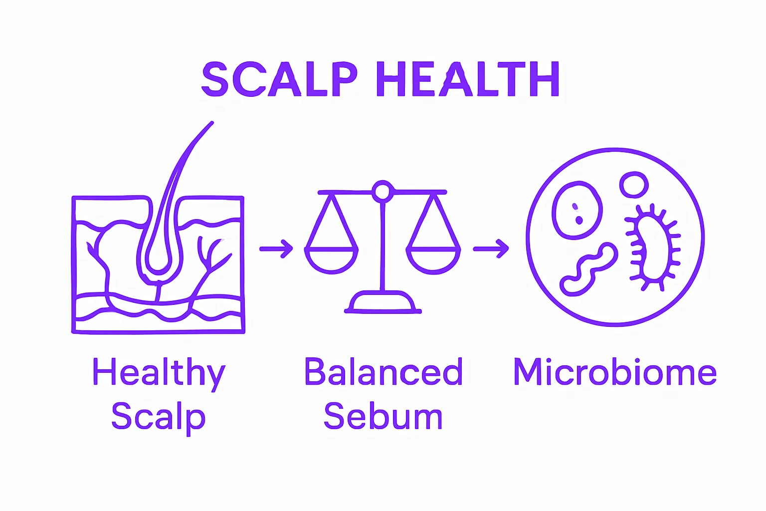 Infographic of scalp health factors—blood flow, sebum, microbiome