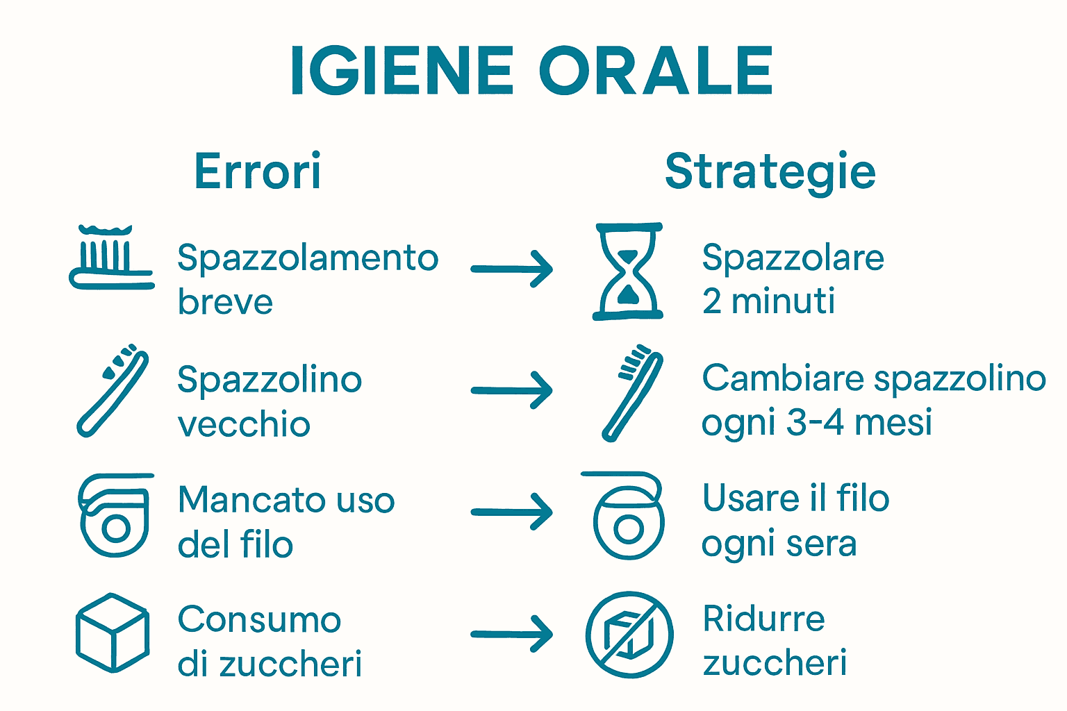 Infografica che mostra errori comuni e soluzioni per l'igiene orale degli adolescenti