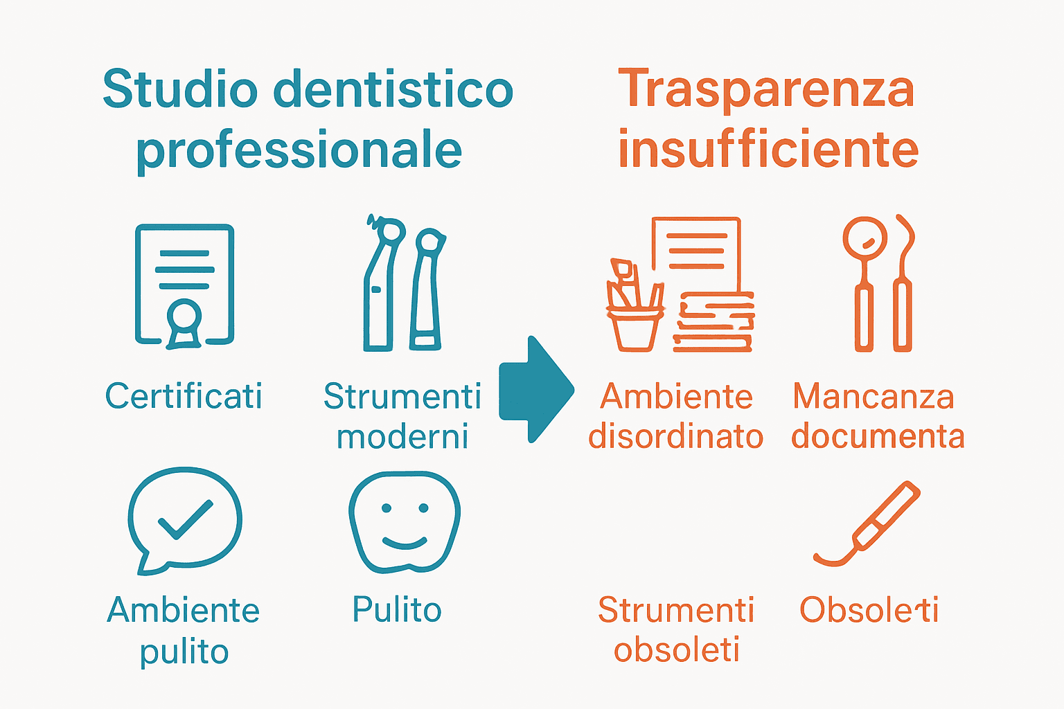Confronto visivo tra segnali di professionalità e allerta nello studio dentistico
