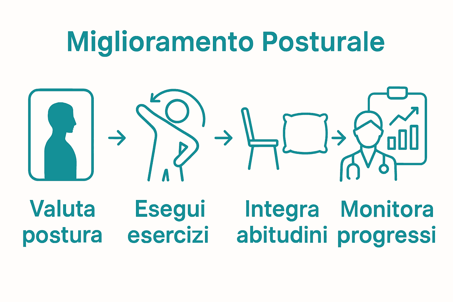Infografica sui 4 passi per migliorare la postura dopo implantologia dentale: valutazione allo specchio, esercizi mirati, abitudini quotidiane, monitoraggio specialistico.