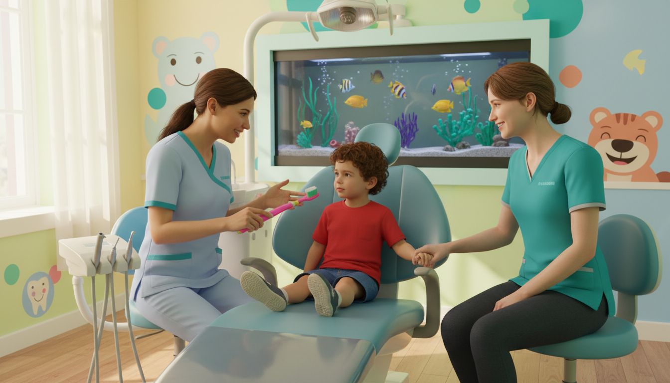 Dental team and parent support child patient