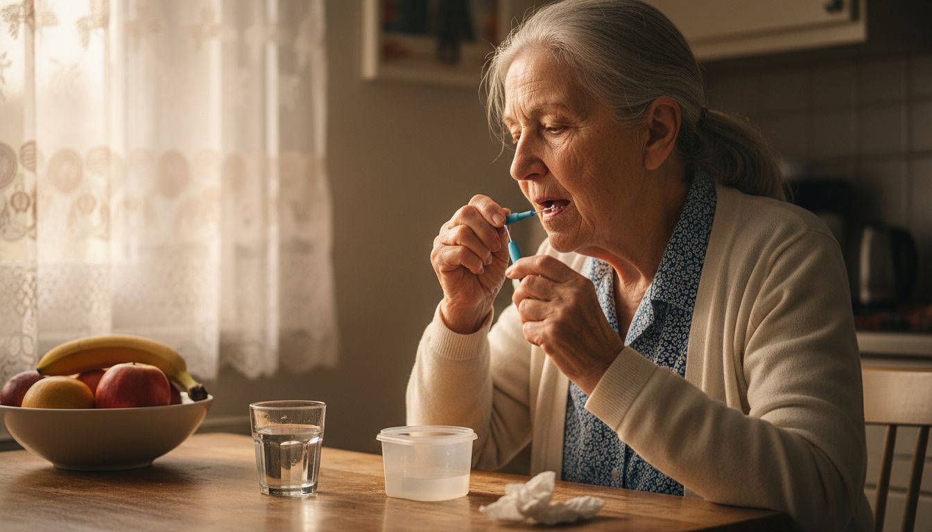 Woman cleaning dental implant at home
