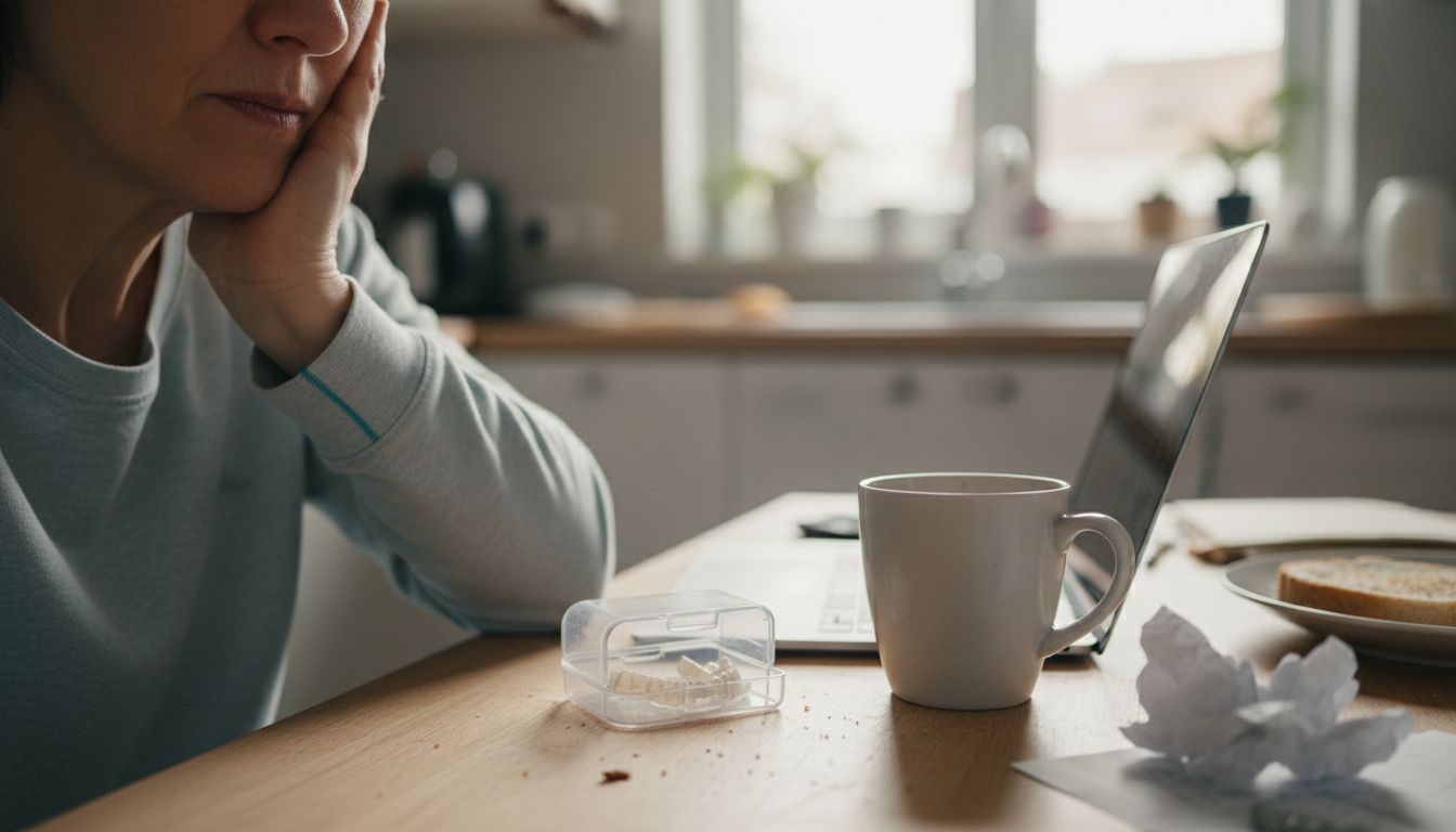Closeup stressed person jaw pain at kitchen