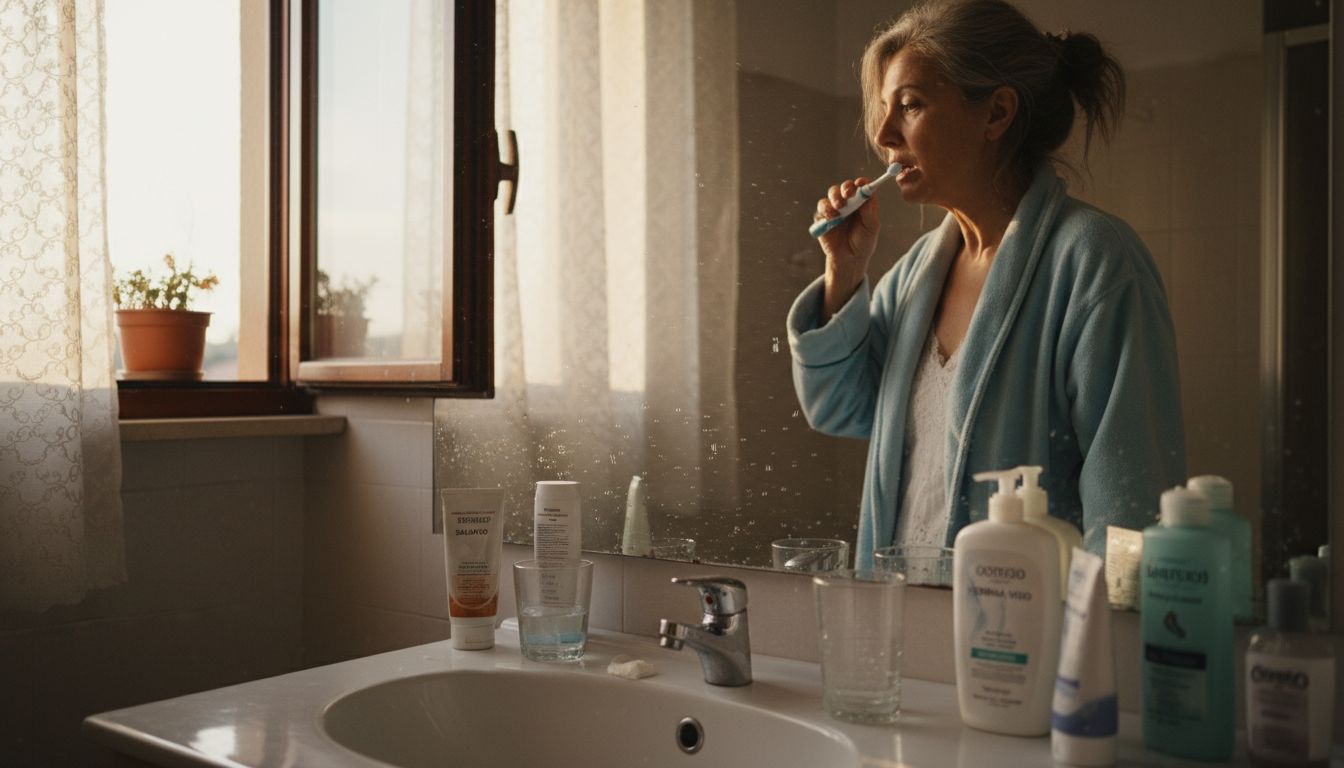 Una donna si lava i denti davanti allo specchio nel bagno di casa.