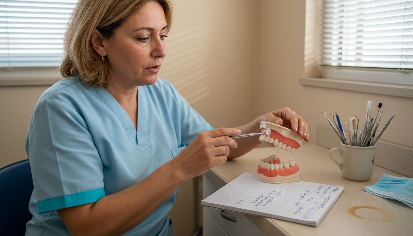 Igienista che mostra come si utilizza lo strumento per la pulizia dei denti su un modello dentale